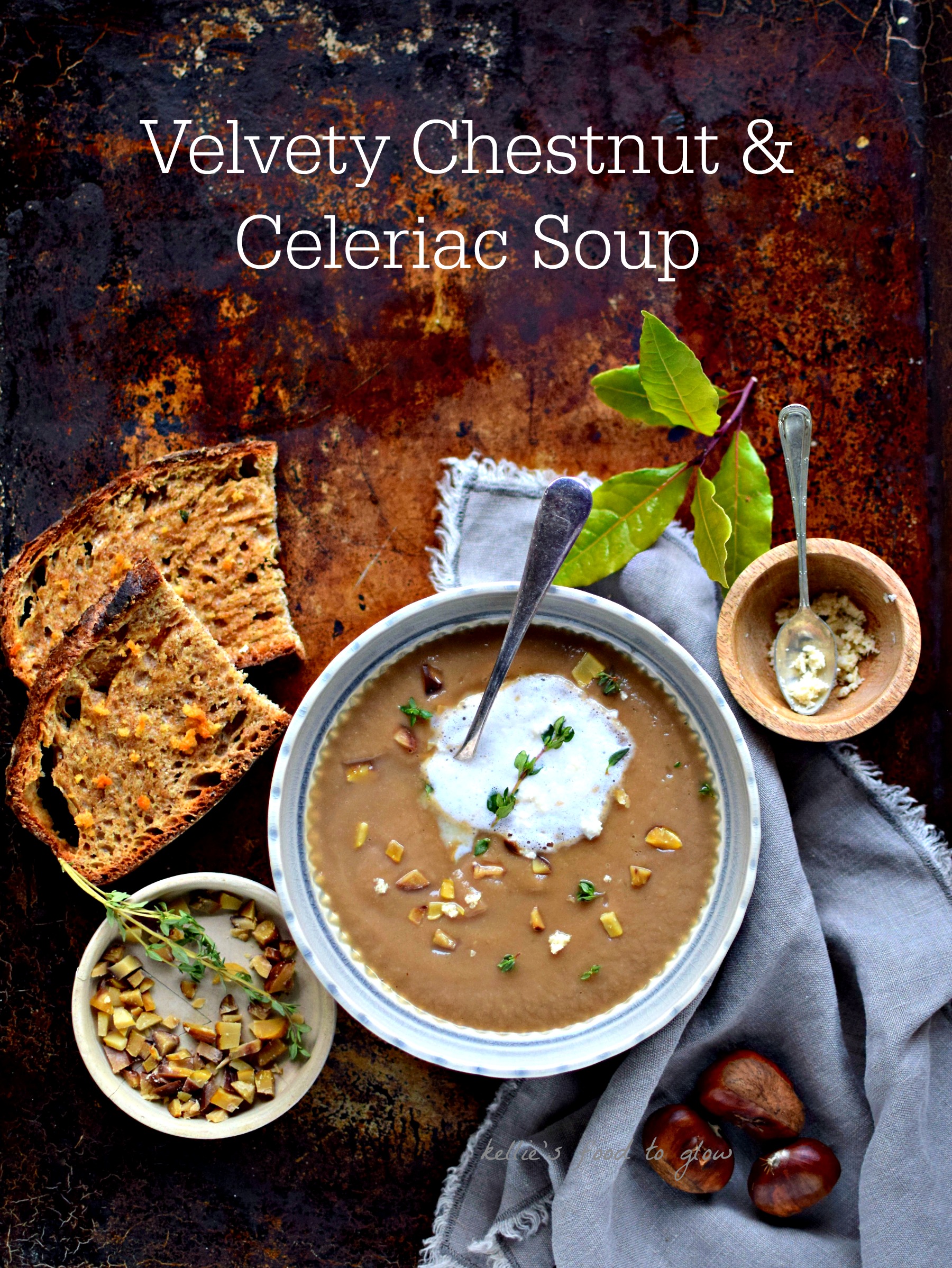 Chestnuts and celeriac bring out the best in each other in this luxurious, velvety smooth low calorie winter soup. Add an easy foam, plus horseradish-truffle toast to make it fancy - even on a wet weekday afternoon. The soup is gluten-free and vegan.