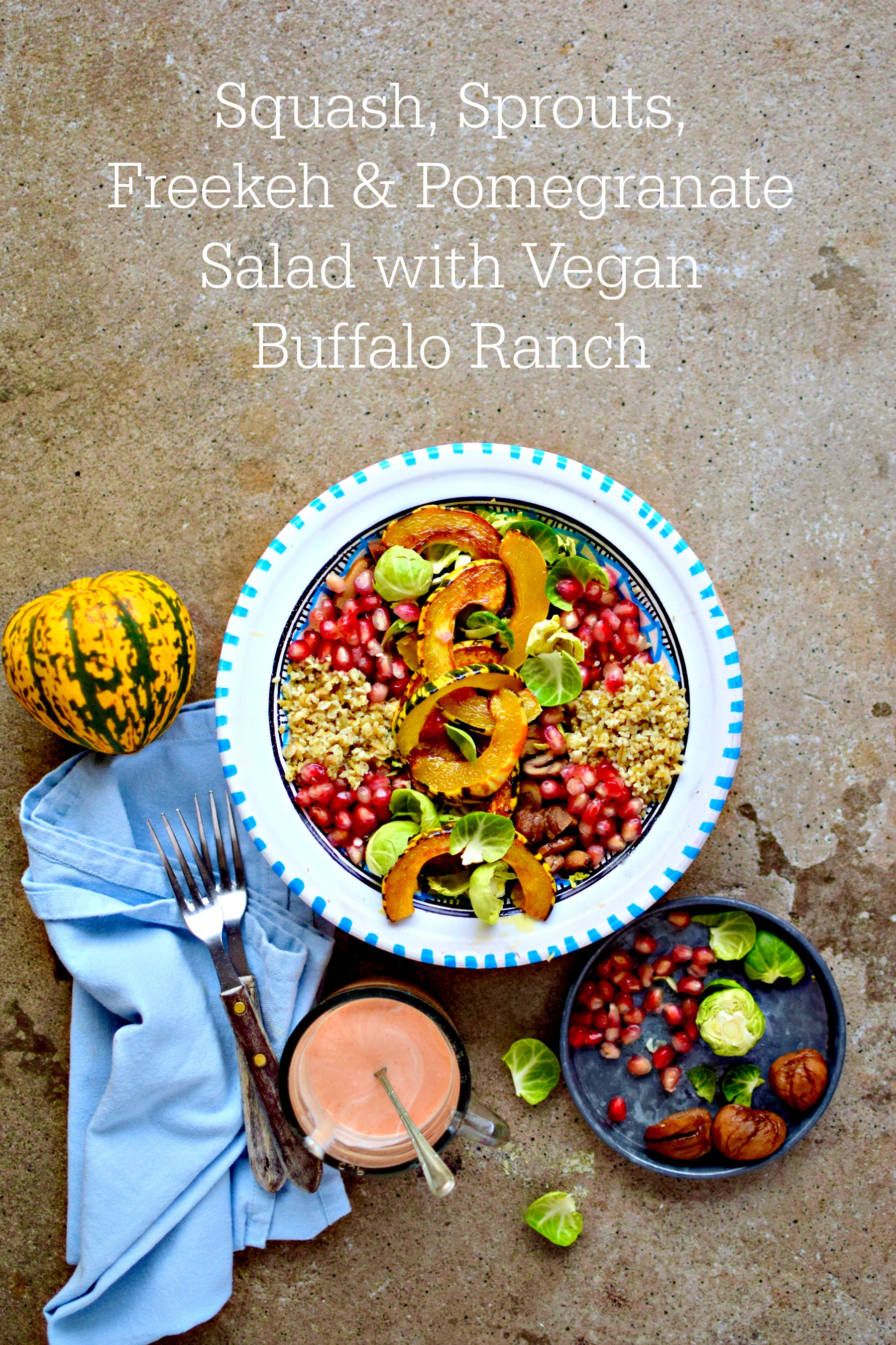An A/W warm salad using winter squash, shredded sprouts, hearty grains, juicy pomegranate, earthy chestnuts, all topped off with a zingy vegan Buffalo ranch dressing to chase away the winter blues.