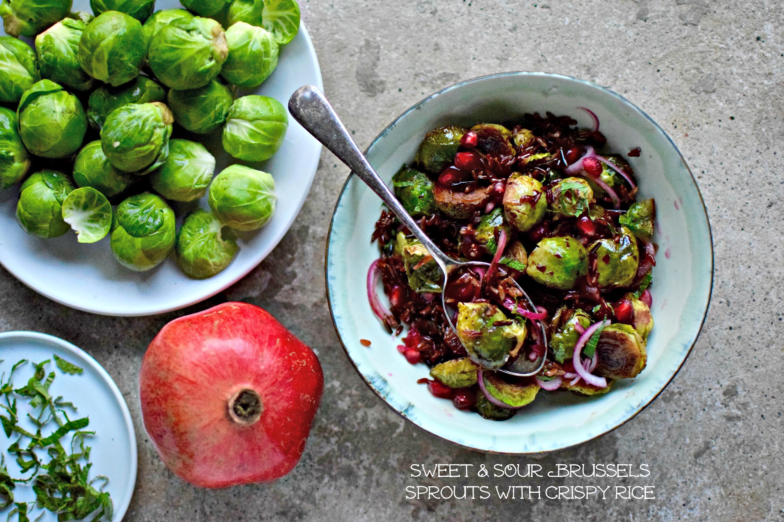 Pan-fried Brussels sprouts with tangy pomegranate molasses, mint, pickled red onion and crispy red & wild rice: because side dishes don't need to be boring. Perfect for the festive table, or as a perky midweek addition to a meal. A vegan and anti-inflammatory recipe.