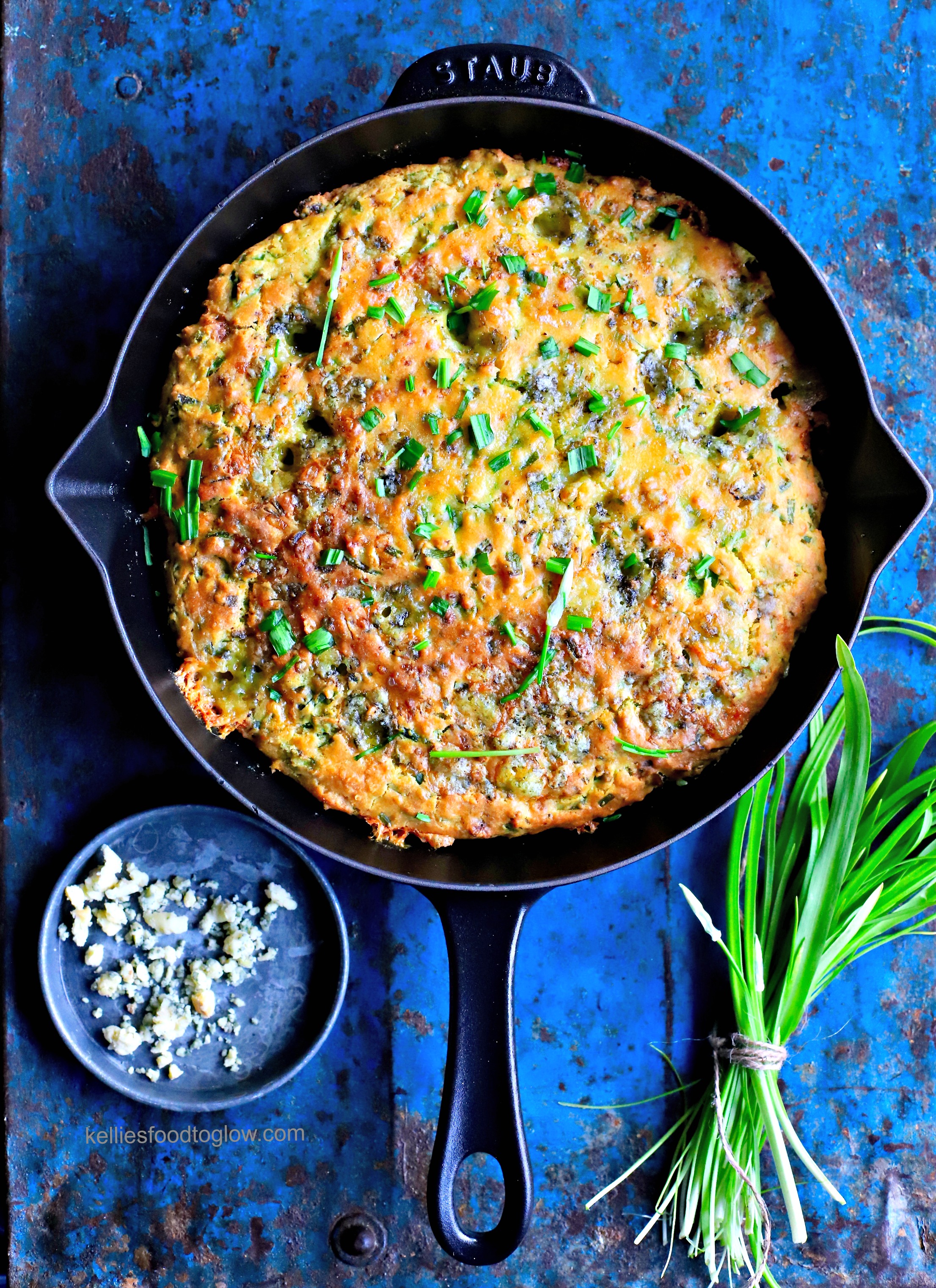 Punchy wild garlic and umami-rich Roquefort #cheese elevate the humble Southern dinner table staple, #cornbread, to new heights. Tender of crumb and with oodles of savory flavour, this quick and #easy #bread goes with stews, chillies, breakfast eggs and more. #wildgarlic