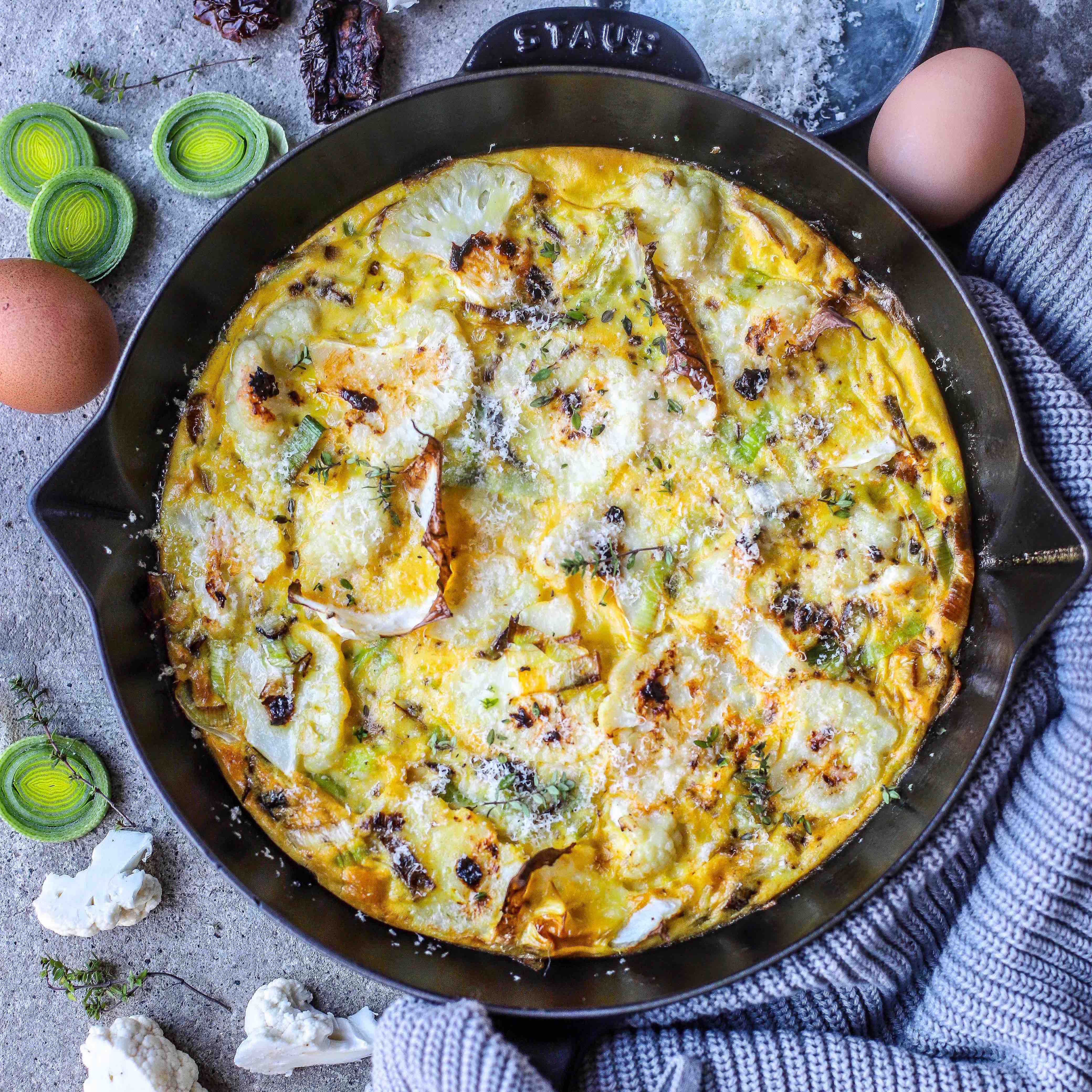 baked chipotle cauliflower frittata in skillet for a healthy dinner